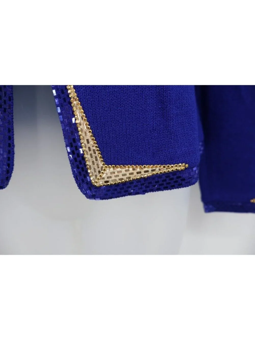St. John Evening Blazer Size 2 Royal Blue Santana Knit Gold Sequin Trim Button - Picture 7 of 15